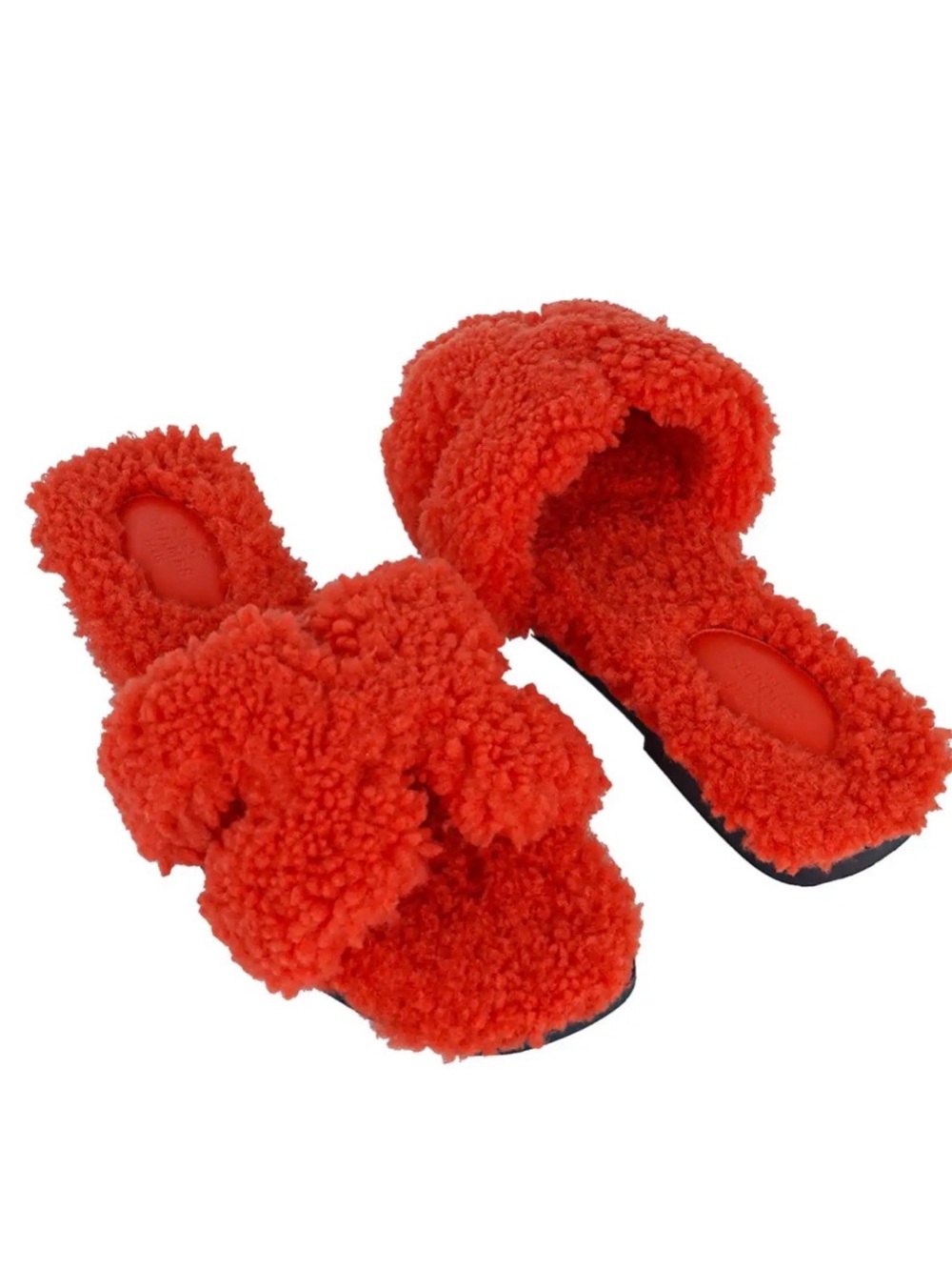 Unbranded Oran H Fuzzy Teddy Sandal Red Orange Shearling Teddy Slides Size 40